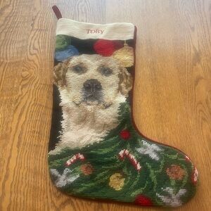Vintage Needlepoint Embroidered Christmas Stocking Wool Toby Dog Golden Ret